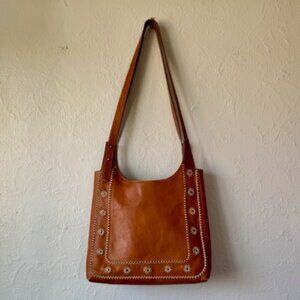 Sundance brown leather Tote with cream embroidered flowers